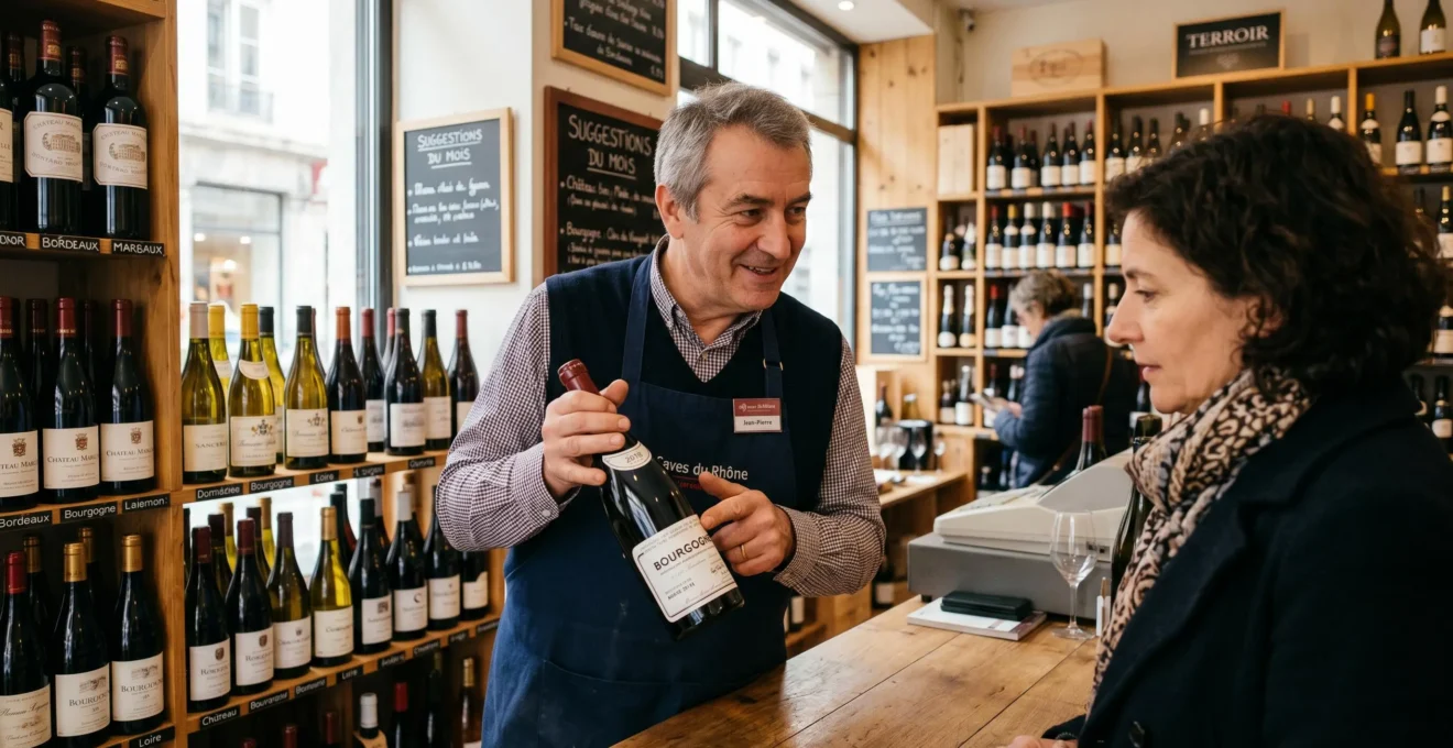Caviste français présentant une bouteille de vin à un client dans une cave à vins avec rayonnages en bois