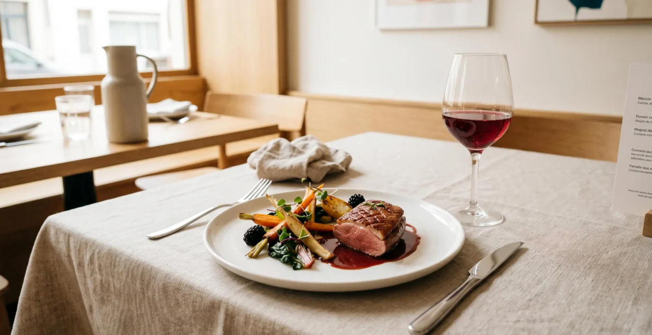 Table de restaurant français avec plat gastronomique dressé sur assiette blanche et verre de vin rouge à moitié rempli, éclairage naturel doux