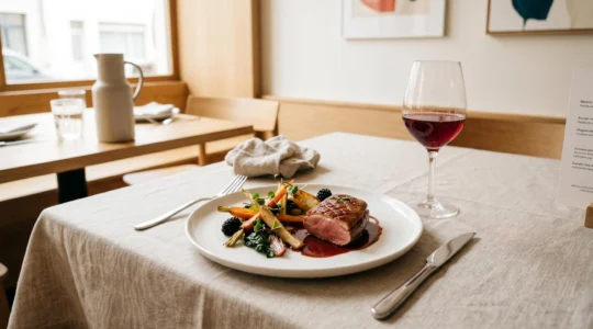 Table de restaurant français avec plat gastronomique dressé sur assiette blanche et verre de vin rouge à moitié rempli, éclairage naturel doux