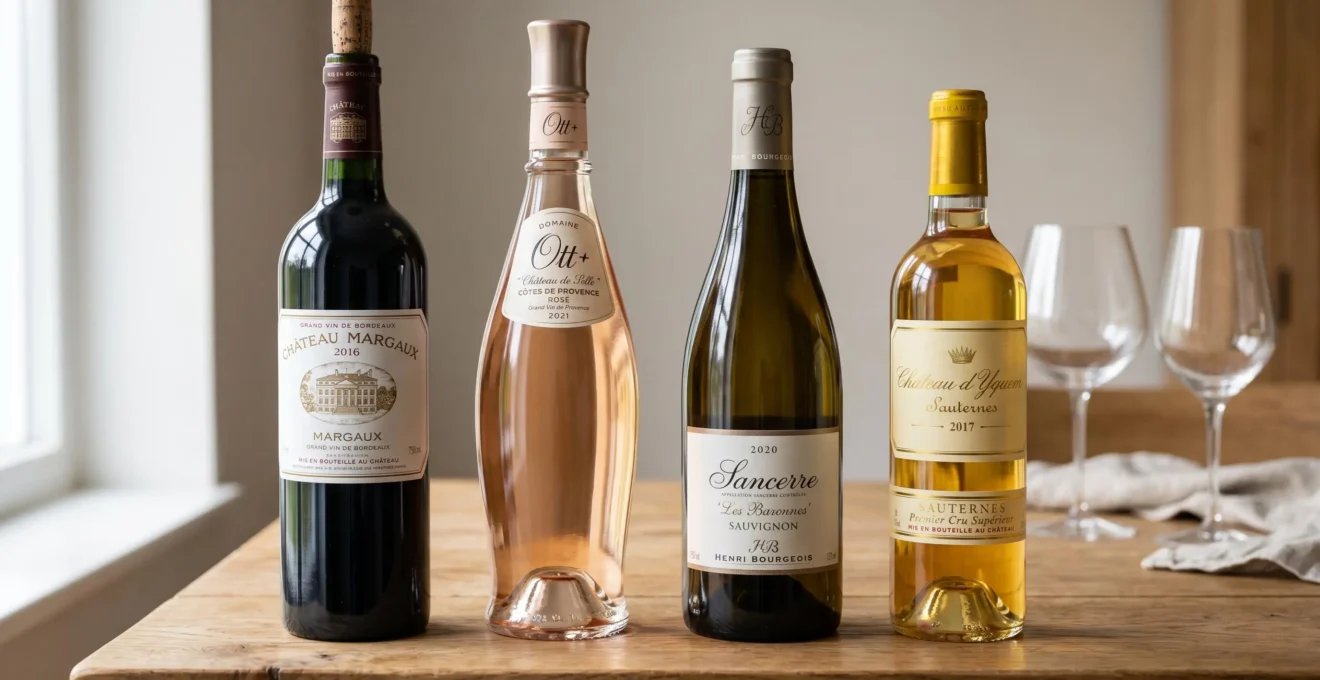 Trois bouteilles de vins français rouge blanc et rosé alignées sur table en bois avec étiquettes d'appellations régionales visibles